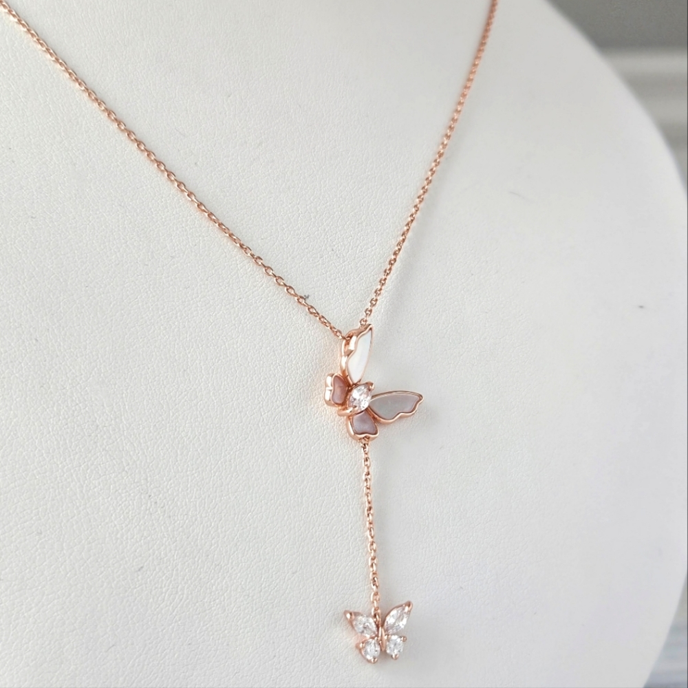 Rose Gold Butterfly Necklace with pink Mother of Pearl, Charmed Aroma